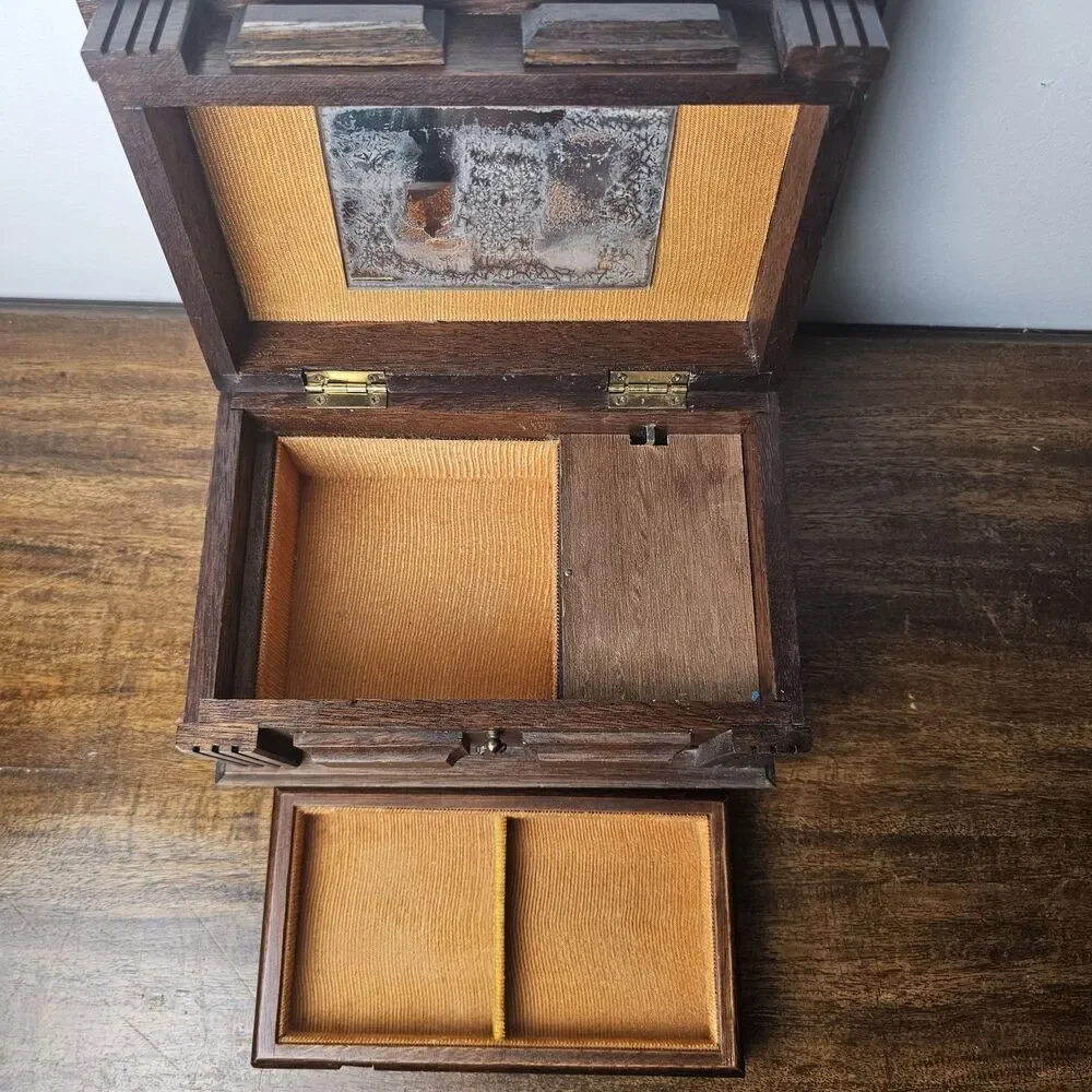 Vintage 1960s Retro Footed Wooden Jewelry Box, Mustard Gold Velvet Lined